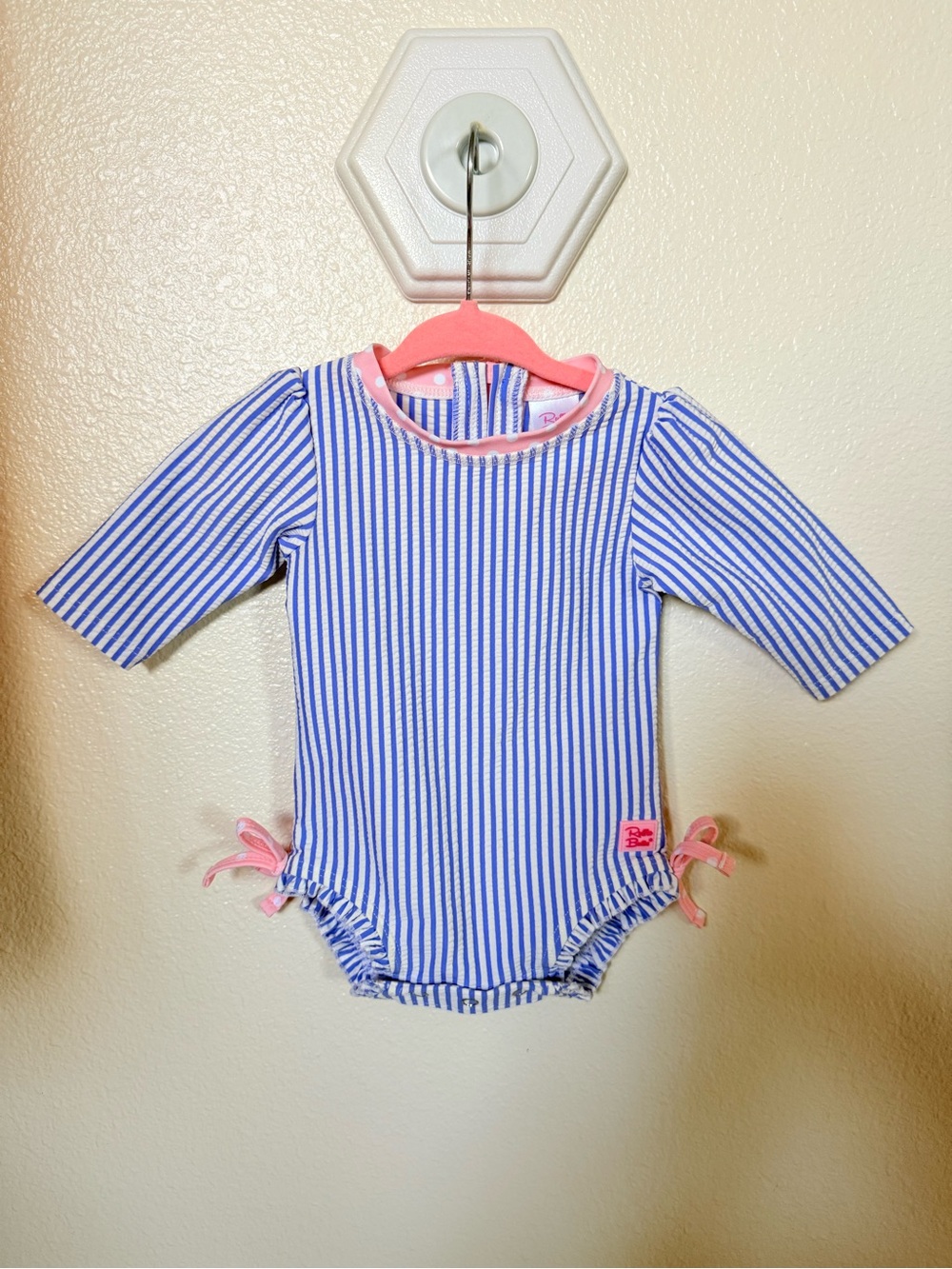 Blue & White Striped Baby Rash Guard One-Piece with Pink Trim